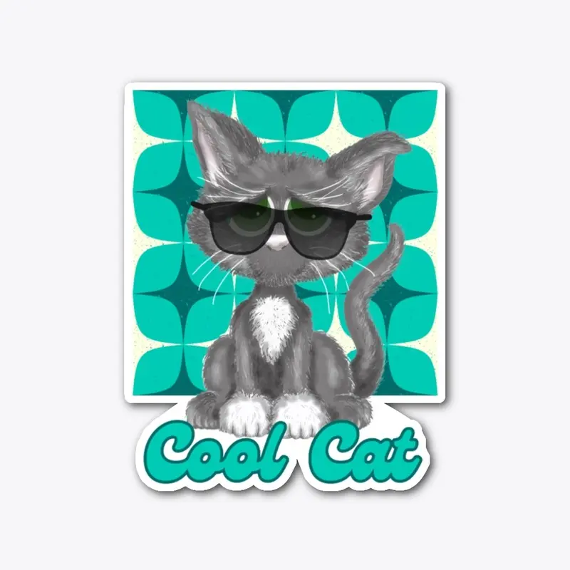 Cool Grey Cat In Shades On Retro Blue