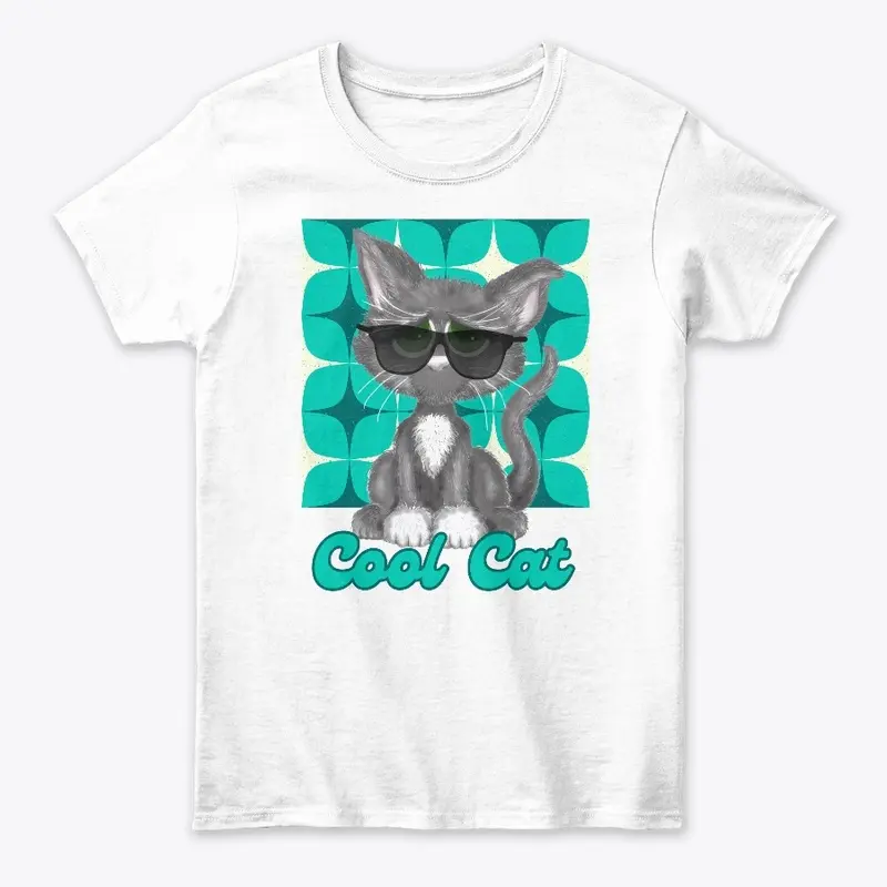 Cool Grey Cat In Shades On Retro Blue