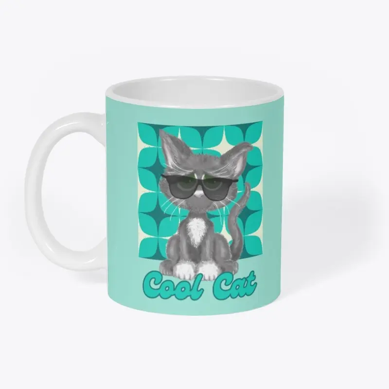 Cool Grey Cat In Shades On Retro Blue