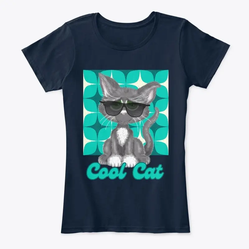 Cool Grey Cat In Shades On Retro Blue