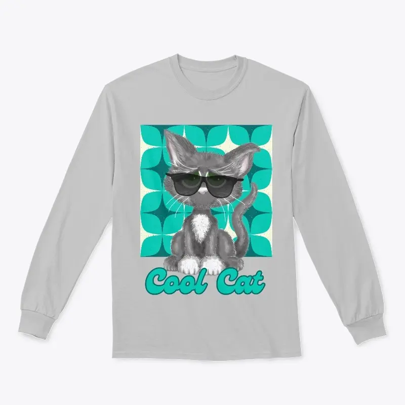 Cool Grey Cat In Shades On Retro Blue