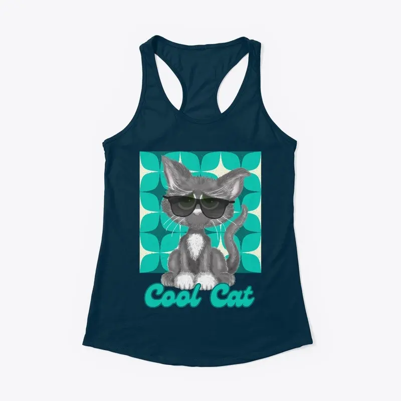 Cool Grey Cat In Shades On Retro Blue